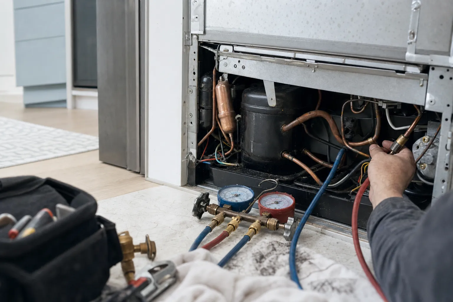 Bare hand on a charging connection beside a refrigerator compressor, gauges on a cloth below