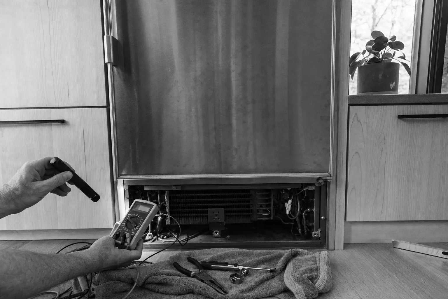Black-and-white view of a built-in refrigerator with the lower grille off, flashlight and multimeter in hand