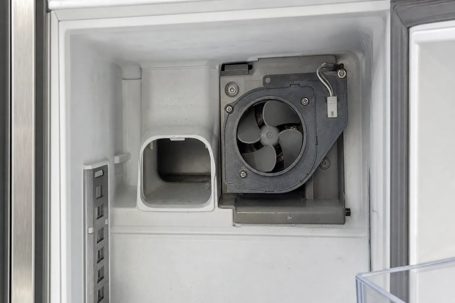 Empty freezer compartment with the evaporator fan housing and air duct exposed on the rear wall