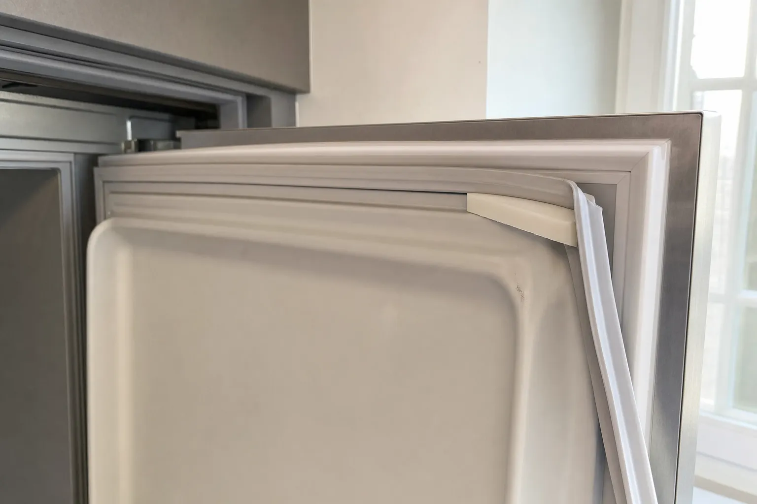 White door gasket pulled loose at the upper corner of a stainless refrigerator door