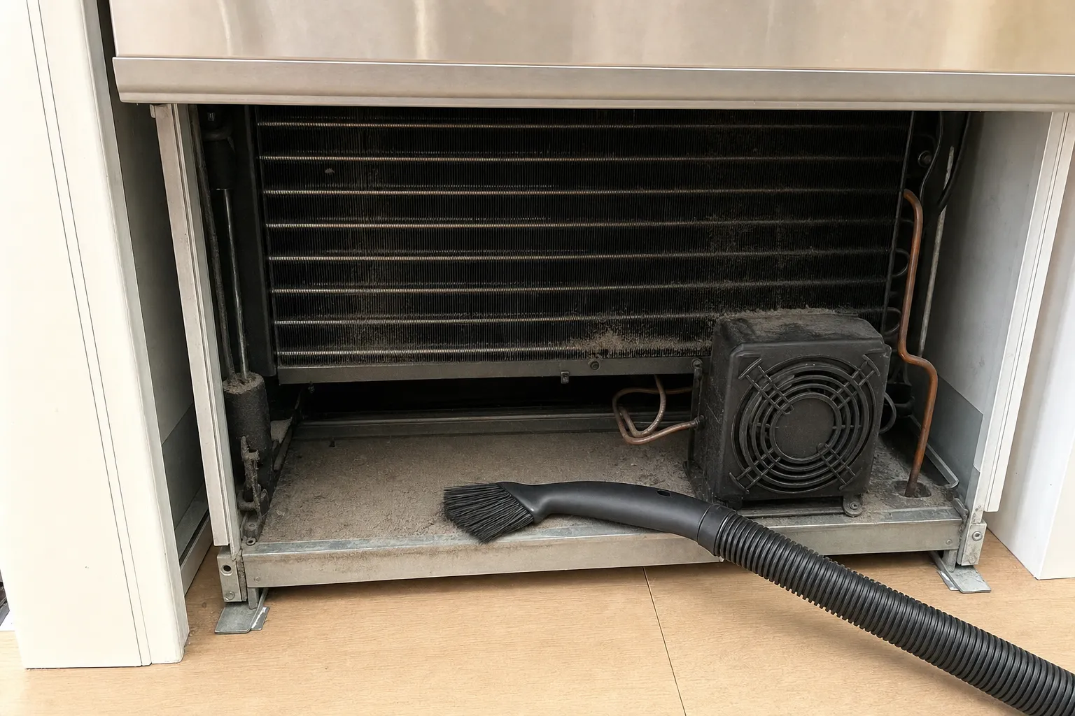 Dust-furred condenser coil and fan at the base of a refrigerator, a vacuum brush clearing lint from the floor pan