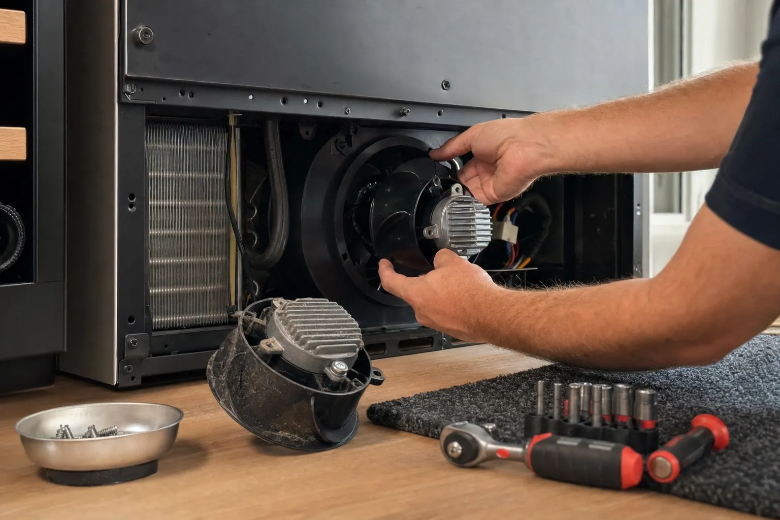 Hands fitting a replacement fan motor into its housing beside a condenser coil, the old motor and a socket set on the floor
